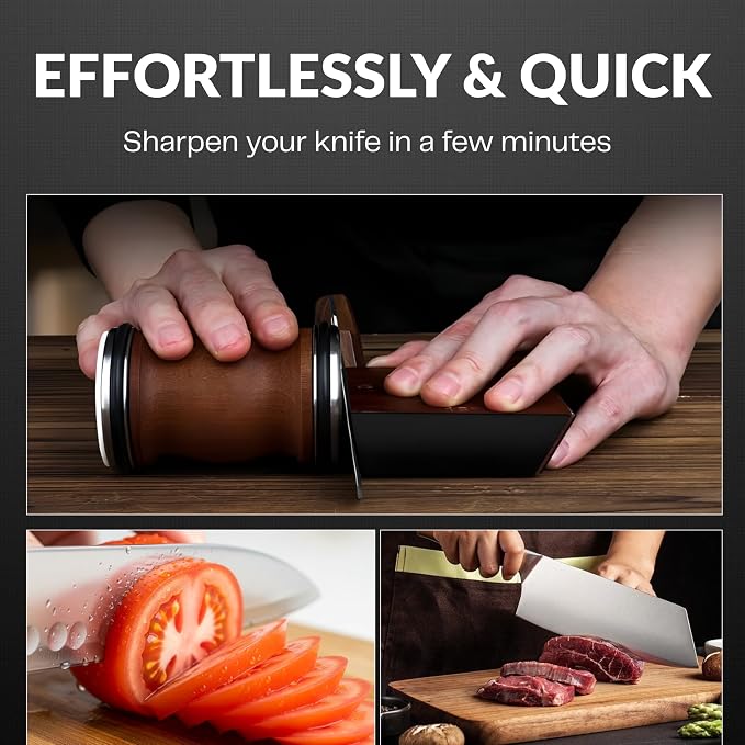 High Carbon Stainless Steel Rolling Knife Sharpener with 400, 1000 & 3000 Replacement Discs - Blunt Knife Sharpening Kit with 15 and 20 Degree Sharpening for Kitchen & Chef's Knives (CHOCOLATE)