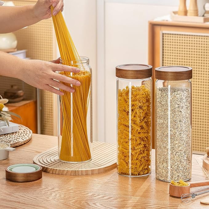 Wissy&Konny 3 Pack Glass Pasta Storage Containers with Screw wood Airtight Lid, 70oz Tall Glass Jar with Lid Spaghetti Container Storage for Pasta,Spaghetti,Cereal (132 Pantry Labels)