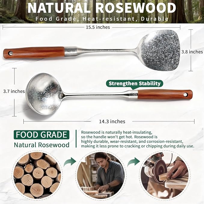 Newness Soup Ladle and Solid Turner, Pure Titanium Soup Spoon and Turner | [Rustproof, Heat Resistance] Resilient, with Long Ergonomic Natural Wooden Round Handle, Non-Toxic Cooking Spoon for Kitchen
