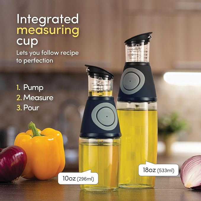 Belwares Olive Oil Dispenser Bottle with Pump - Oil Dispenser for Kitchen, Glass Oil and Vinegar Dispenser Set, Measured Cruet for Cooking - Ideal Oil Bottles for Kitchen Gadgets & Gifts, 2 Pack