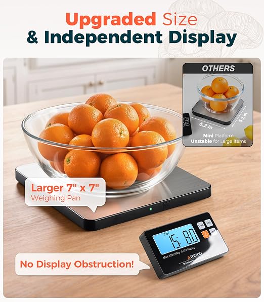 Atogou Wireless Kitchen Scale, 22lb/10kg Food Scale with Detachable Display | 0.01oz/1g Precision, Larger Platform, 9 Units, Counting Function, Stainless Steel, for Cooking, Baking, Shipping, Silver