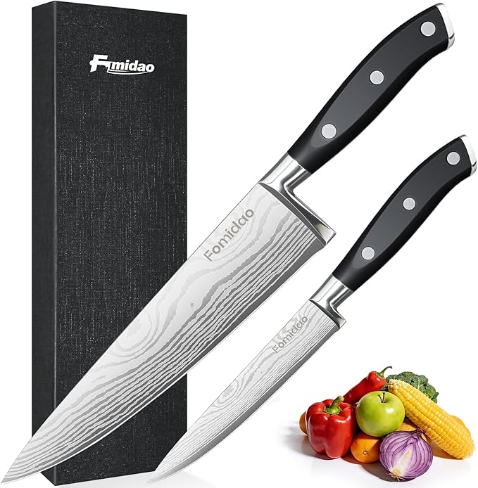 2PCS Chef Knife Set, Razor Sharp Japanese Kitchen Knife Set, High Carbon Steel Damascus Pattern Chef's knives, Cooking Knife with Full Tang Handle Design for Home Kitchen
