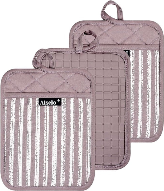 Alselo Silicone Pot Holders Set of 3 Heat Resistant & Non Slip Potholders, Professional Oven Hot Pads with Pockets Mitts for Kitchen Cooking Baking Barbecue (3, Purple)