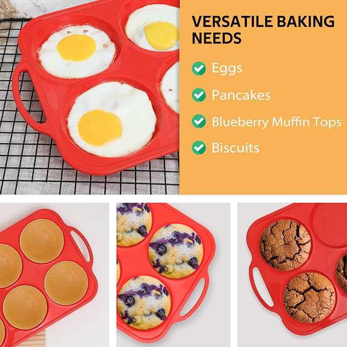 4 Inch Muffin Top Pan Non Stick with Metal Frame, Silicone Egg Molds for Breakfast Sandwiches, Large Round Whoopie Pie Baking Pan with Handle for English Muffin, Egg Bite and Oven, Red