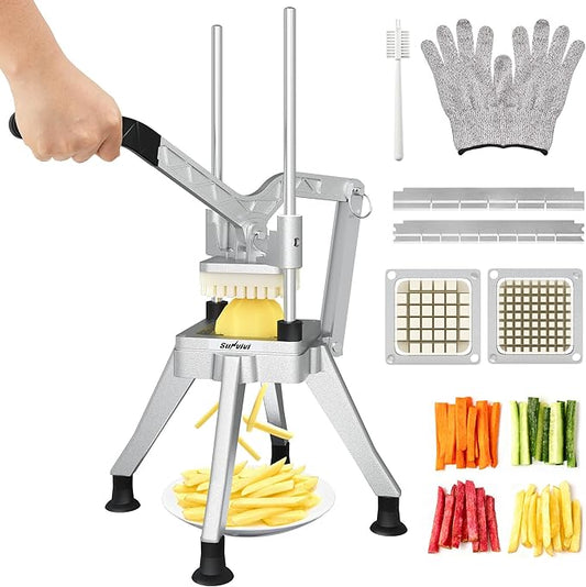 Sunvivi Commercial French Fry Cutter, Heavy Duty Potato Slicer with 2 Replaceable blades (1/2 & 3/8 Inch), Professional Fries Cutter for Potatoes, Carrots, Cucumber, Onion, Yam, Stainless Steel