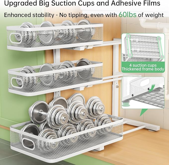 3-Tier Under Sink Organizer, Pull Out Cabinet Organizer for Kitchen & Bath | Height Adjustable, Heavy Duty Carbon Steel Holds 60 lbs, Rust-Proof Fits Kitchen Cabinet, Bathroom, Pantry & Laundry