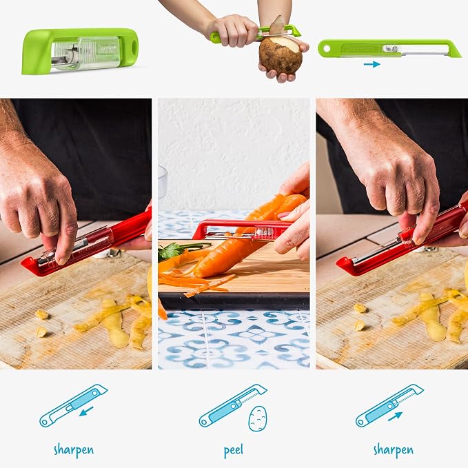 Dreamfarm Sharple Self-Sharpening Vegetable Peeler - Kermit Green | Ceramic sharpener in safety cover automatically hones stainless steel swivel blade, suitable for left & right handed use