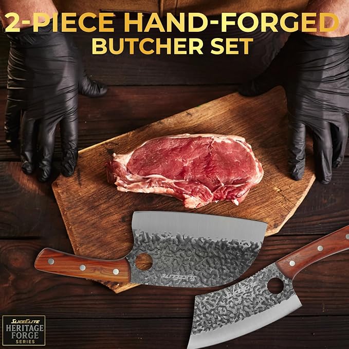 Hand-Forged Professional Butcher Knife (2 PC SET SERBIAN AND CHEF)