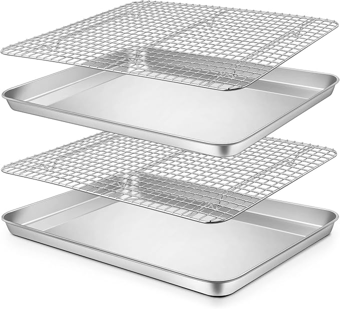 P&P CHEF 17.5 Inch Baking Sheet Pan and Cooking Rack - 4 Pieces | 2x Cookie Sheet + 2x Grid Rack, Stainless Steel Oven Tray with Wire Rack for Oven Baking, Healthy & Sturdy & Easy to Clean