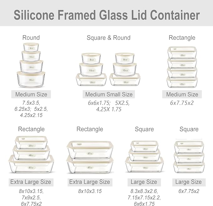 Glass Food Container Set with Glass Lid, 4 Pack, Meal Prep Containers with Silicone Framed Airtight Lid, Leakproof, 100% Plastic Free,