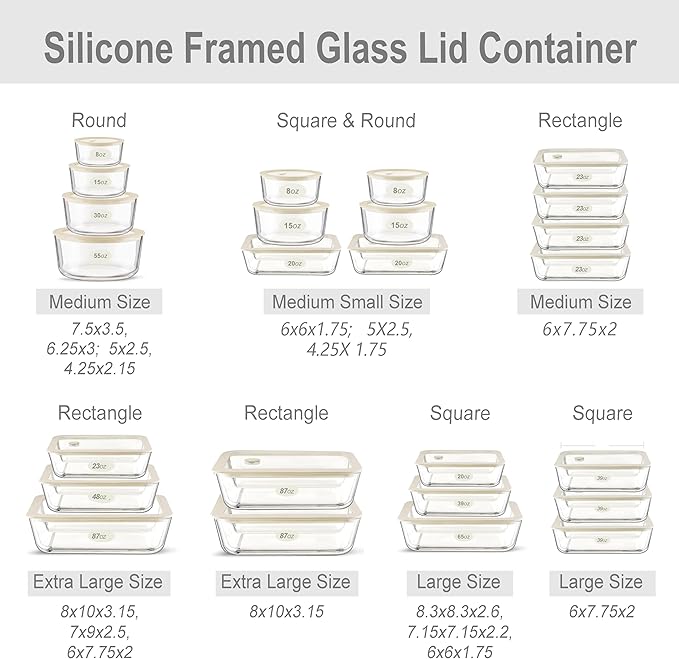 Glass Food Container Set with Silicone Glass Lid, 3 Pack, Airtight, LeakProof, 100% Plastic Free, Meal Prep Containers (White Color)