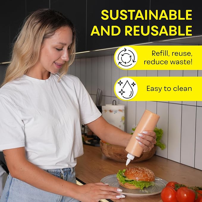BRIGHTFROM Condiment Squeeze Bottles, 16 OZ Empty Squirt Bottle with Twist Top Cap, Leak Proof - Great for Ketchup, Mustard, Syrup, Sauces, Dressing, Oil, Arts and Crafts, BPA FREE Plastic - 2 PACK