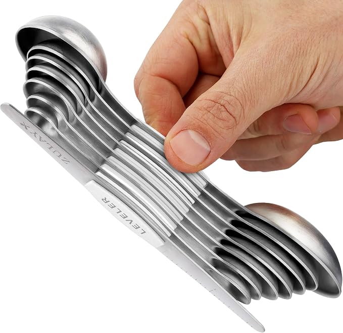 Zulay Kitchen Stainless Steel Measuring Spoon Set - Stackable Magnetic Spoon Measuring Set - Magnetic Measuring Spoon Set of 8 with Leveler - Strong N45 Magnets - White