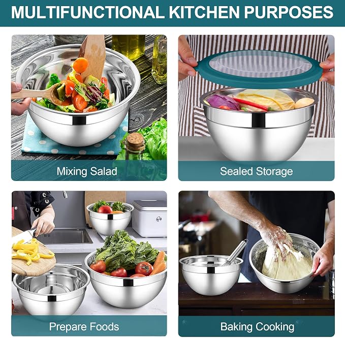 LIANYU 6 PCS Stainless Steel Mixing Bowls, Large 7, 3.5, 2.5, 2, 1.5, 1QT | Deep Metal Nesting Bowls, Kitchen Serving Bowls with Visible Lid, Ideal for Baking Cooking Prepping Food Storage, Dark Blue