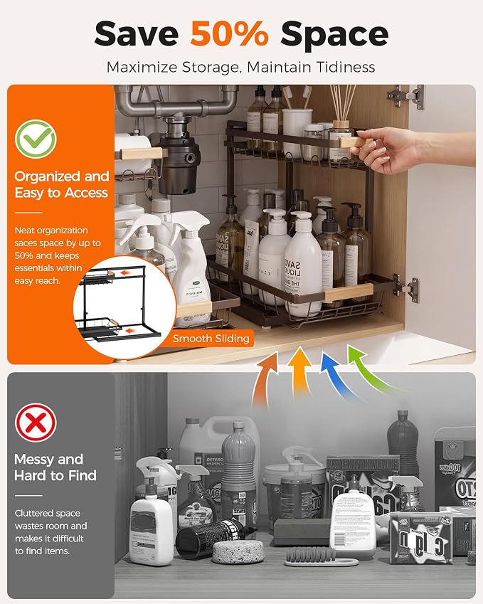 2-Pack 2-Tier Height Adjustable Under Sink Organizer & Storage | Multi-purpose storage for kitchen & bathroom cabinet. Extra Large brown shelf, height adjustable design for space-saving.