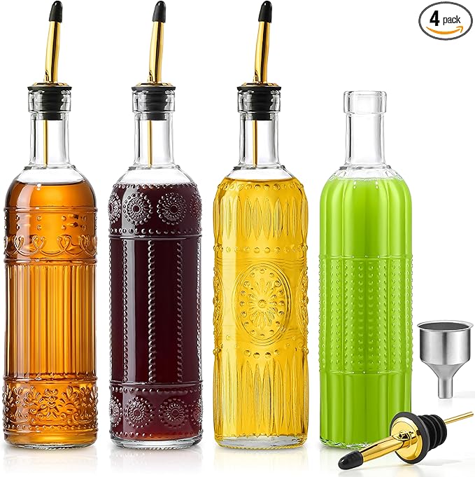 4 Pcs Olive Oil Dispenser Bottle for Kitchen,17oz Clear Glass Oil and Vinegar Dispenser Bottle Set, Classic Coffee Syrup Dispenser with 4 Stainless Steel Spouts and 1 Funnel (Round)