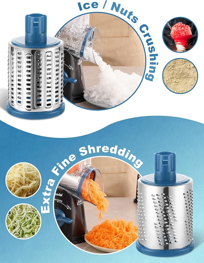 Geedel Rotary Cheese Grater Cheese Shredder - Upgraded 5-in-1 Cheese Grater with Handle and Strong Suction Base, Multi-purpose Vegetable Slicer Ice Shaver Nuts Grinder for Cheese, Vegetables, Ice