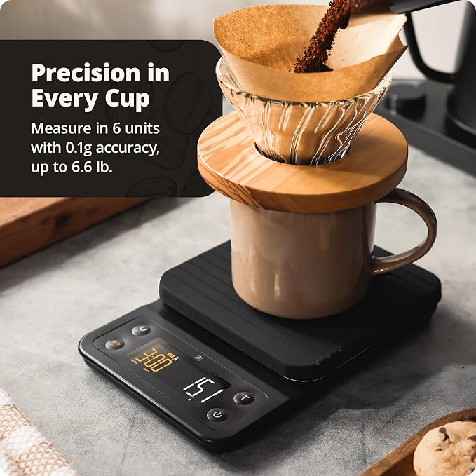 Greater Goods Coffee Scale with Timer, 0.1g Precision for Espresso & Matcha | Digital Pour-Over Scale with Waterproof Silicone Cover, Backlit Display & 6.6lb Capacity for Chemex, V60, Drip (Onyx Black)