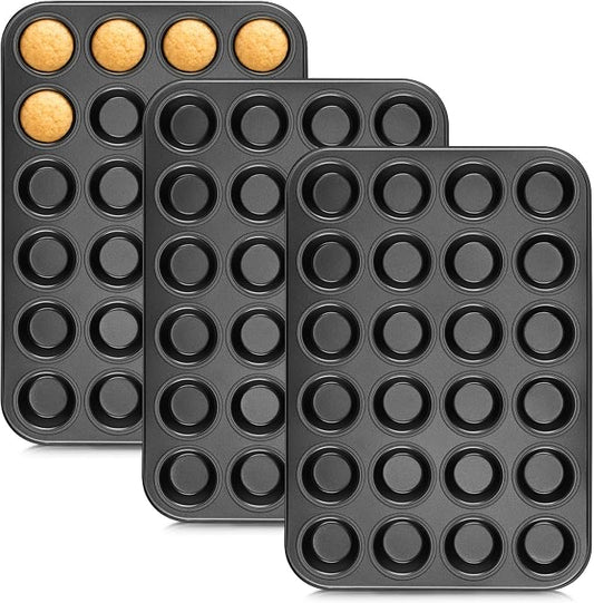 E-far 24-Cup Mini Muffin Pan, 3-Pack Nonstick Carbon Steel Cupcake Pans | Muffin Tins for Baking Mini Muffins & Cupcakes, Warp-Free for Even Baking & Easy Release, Oven Safe
