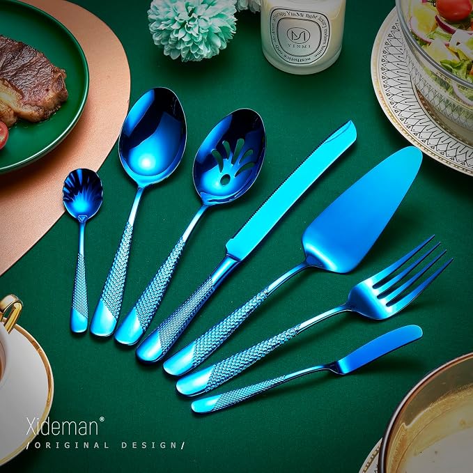 Xideman® 7-Piece Hammered 18/10 Stainless Steel Silverware Serving Utensil Set - Hostess Flatware with Cake Knife & Cake Server (Blue)