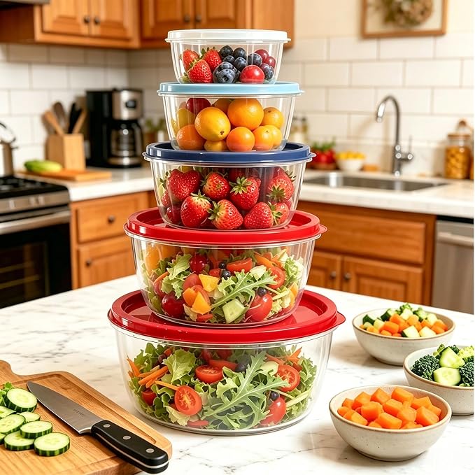 5-Piece Plastic Mixing Bowl Set with Lids for Kitchen, Nesting Kitchen Bowl Set for Mixing Baking, Prepping, Cooking & Food Storage Microwave Safe (Red)