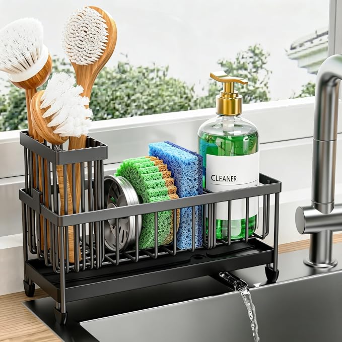 Cisily Sponge Holder for Kitchen Sink, Sink Caddy Organizer with High Brush Holder, Kitchen Countertop Organizers and Storage Essentials, Rustproof 304 Stainless Steel (Dark Grey, 9.25″)