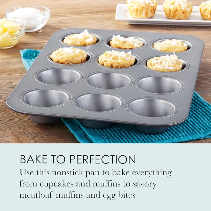 Chicago Metallic Commercial II Non-Stick 12-Cup Muffin Pan. Make muffins, cupcakes, mini quiches, egg cups, and more, 15.8 L x 11.3 W x 1.5 H;