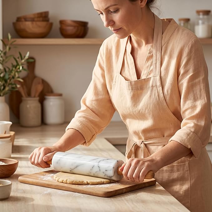 White Marble Rolling Pin for Baking 8inch Barrel，Dough Roller | With Wooden Handles & Wood Cradle, Non-Stick Dough Roller for Pizza, Pasta, Fondant, Pie Crust, Pastry & Cookies