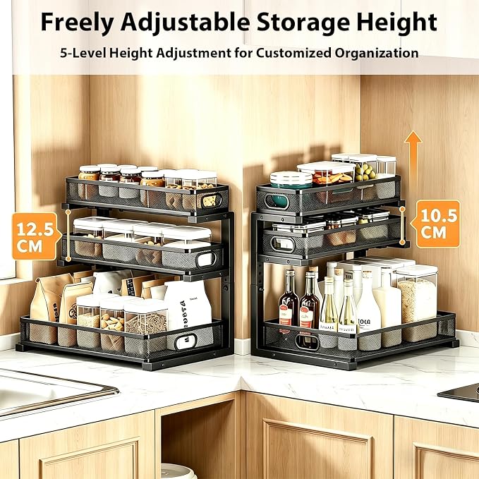 2 Pack Bathroom Under Sink Organizer, 3-Tier Pull Out Kitchen Cabinet Organizer with 5 Adjustable Heights Metal Slide Out Storage Makeup Drawer Rack for Bedroom Office Pantry Home Organization, Black