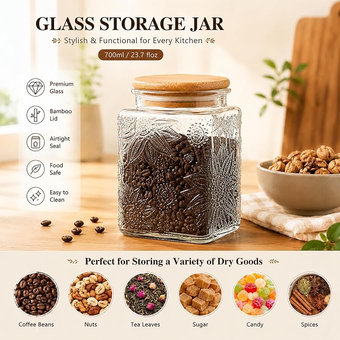 Glass Storage Jars With Airtight Lid, 23.7oz Canister For Kitchen Counter with Bamboo Lid, brown sugar, candy, coffee, cookie, salt, tea,pantry cute Jar (Square Sunflower)