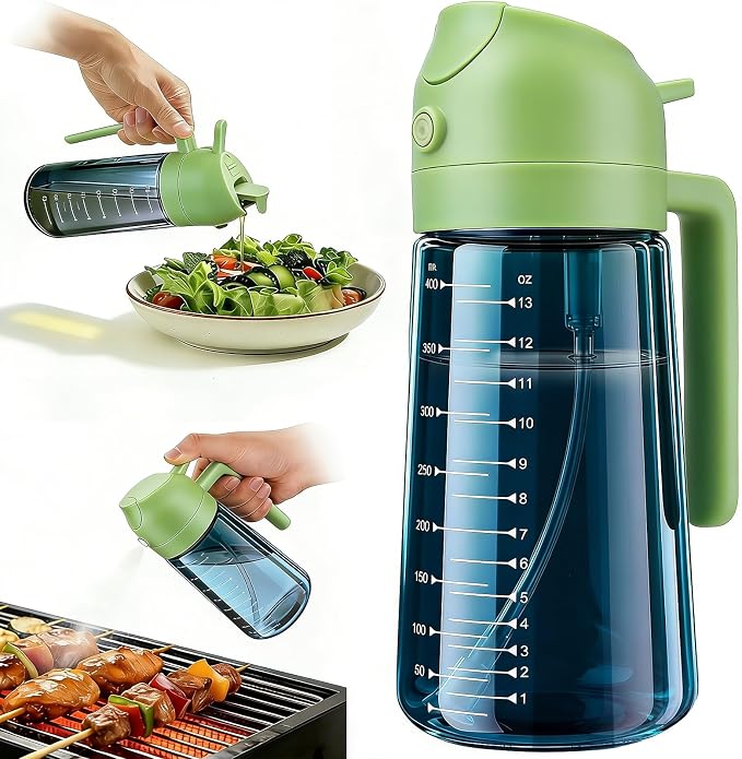 Glass Olive Oil Sprayer for Cooking (16oz/470ml), 2 in 1 Olive Oil Dispenser Bottle for Kitchen Gadgets and Air Fryer Accessories, Salad, BBQ - 1-Pack, Blue Green