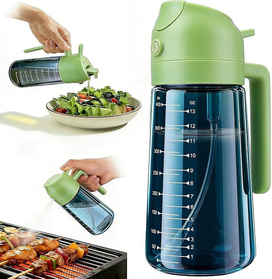 Glass Olive Oil Sprayer for Cooking (16oz/470ml), 2 in 1 Olive Oil Dispenser Bottle for Kitchen Gadgets and Air Fryer Accessories, Salad, BBQ - 1-Pack, Blue Green