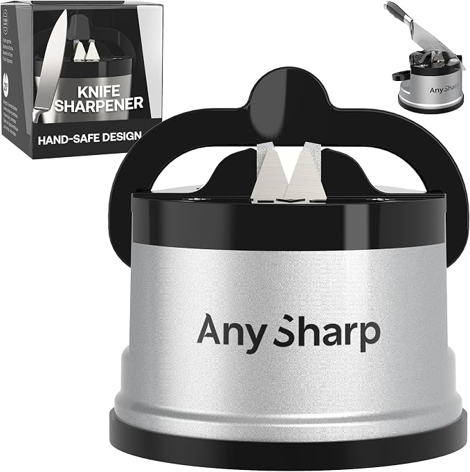 AnySharp – GLOBAL – Hands Free Knife Sharpener - Easy to Use Sharpening Tool with PowerGrip Suction Base and 20-Degree Pre-set Angle - For All Knives: Chef’s, Serrated, and Hardened Steel - Silver