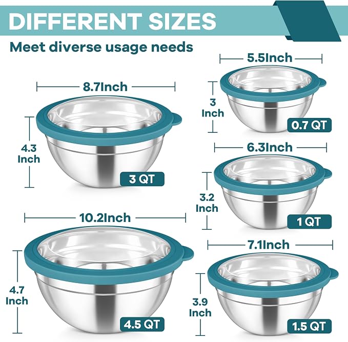 TeamFar Mixing Bowls Set, Stainless Steel Salad Bowl with Lids, Dark Blue | 4.5/3/1.5/1/0.7 QT, Metal Nesting Bowls with Visible Airtight Lids, For Serving/ Mixing/ Storing, Dishwasher Safe, Set of 5