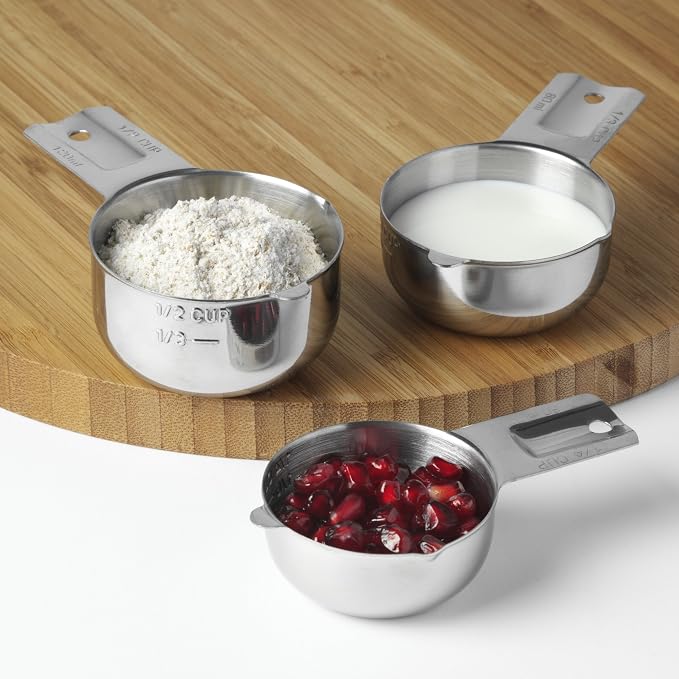 KitchenMade professional stainless Steel Measuring Cups Set of 7– Nesting Metal Measuring Cups for Kitchen – Dry & Liquid Measurements (ML & OZ), Rust-Resistant, Dishwasher Safe, baking gadget.