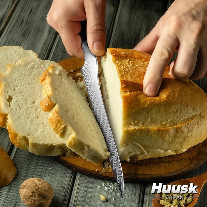 Huusk Serrated Bread Knife 8", Stainless Sourdough Bread Knife with Resin Handle & Cover for Homemade Breads Slicing, Hand Sharpened Breads Cutting Knives for Cake, Bagels, Baguettes, Gift Box