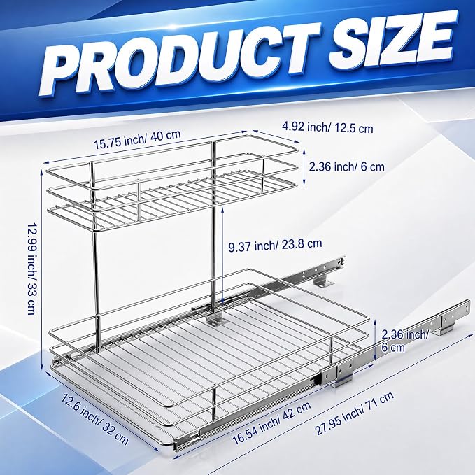 Hicarer 2 Tier Pull out Metal Under Sink Cabinet Organizer 12.6"W x 16.54"D | Metal Sliding Drawer Shelf Storage Rack Organization for Kitchen Cabinets, Pantry, Laundry, Bathroom, Chrome Finish