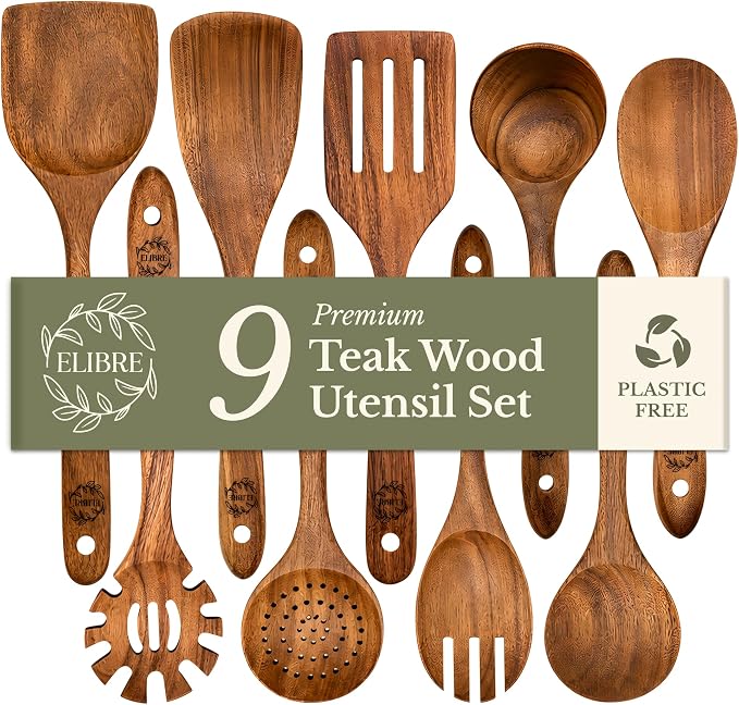 Elibre Premium 9 Piece Teak Wooden Kitchen Utensil Set | Includes Wooden Spoon, Spatula, Slotted Spoon, Ladle, Serving Tools | Heat Resistant | Non-Toxic & Safe for Cooking | Non-Stick, Gentle on Pans