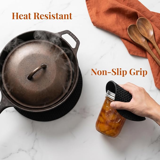 Silicone Trivets, 4 Pack Heat Resistant Mats, Non-Slip Protector | Withstands -40°F to 440°F, Premium BPA-Free Silicone, Multi-Use as Coaster Mat & Jar Opener, Dishwasher Safe