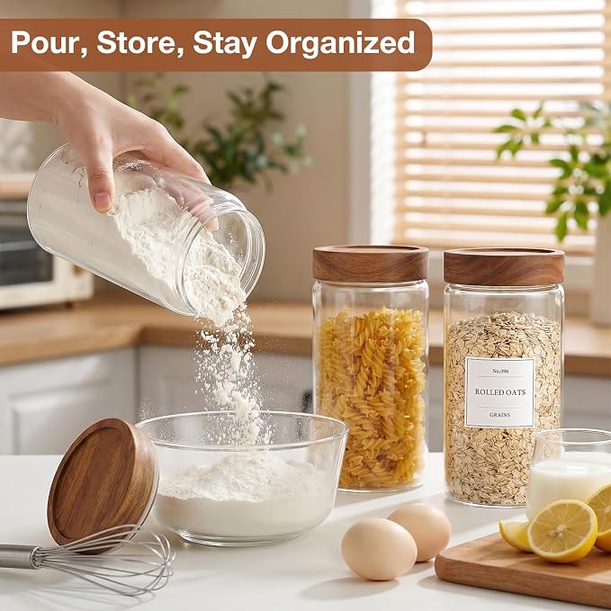 CONNOO 40oz Airtight Glass Storage Containers with Wood Lids (3-Pack) | Airtight Pantry Containers, Keep Pasta, Cereal & Dry Foods Fresh, Includes 120 Labels for Easy Kitchen Organization