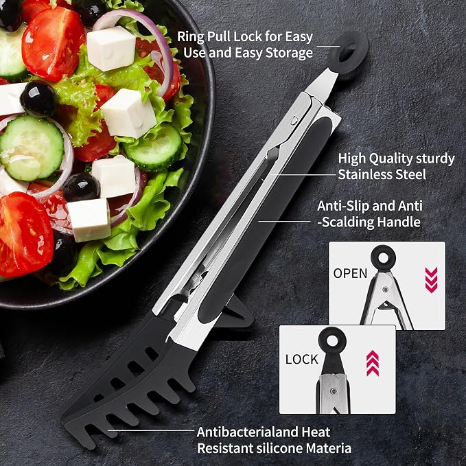 Professional Stainless Steel Pasta Tongs with Non-Slip Silicone Teeth - Heat Resistant 600°F, Dishwasher Safe Spaghetti Server Utensil for Cooking, Baking, Salad...(black)