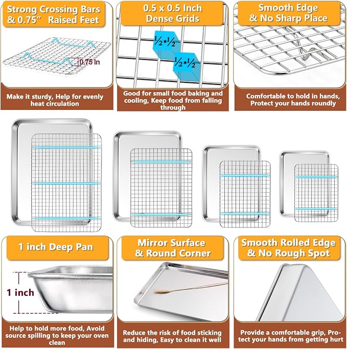 P&P CHEF 16 + 12.5 + 10.4 + 9 Inch Baking Sheet & Rack, Pan and Grid Rack | 8 Pcs (4x Cookie Sheets + 4x Cooling Racks), 4 Sizes, Stainless Steel Oven Pans Trays with Wire Racks, Oven & Dishwasher Safe