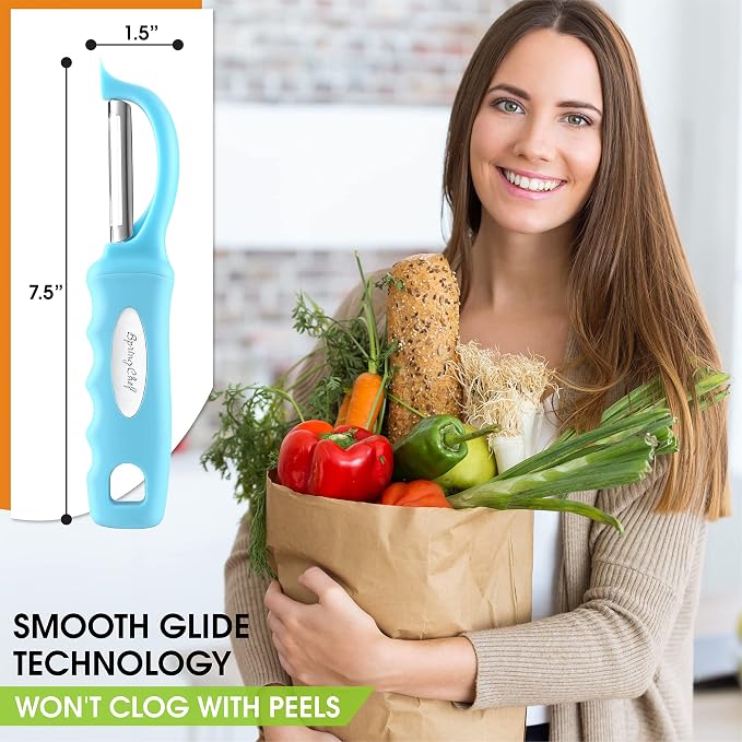 Spring Chef Premium Stainless Steel Vegetable Peeler for Kitchen, Dishwasher Safe Potato Peelers with Non-Slip Handle, Peel Apple, Fruit, Veggie, Carrot, Mango - Set of 2 - Aqua Sky