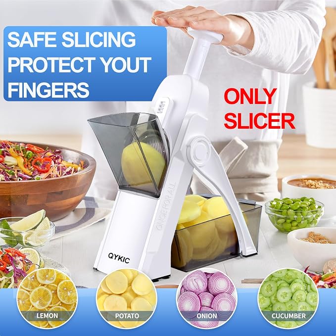 QYKIC Safe Mandoline Slicer, Potato Clips Slicer, Vegetable Food Slicer, Thickness Adjustable for Cucumber Onion Carrot Lemon (Only Slicer White)