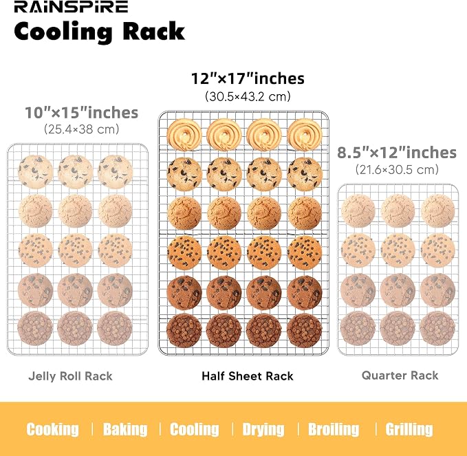 Rainspire Cooling Rack Stainless Steel, Heavy Duty Cooling Racks for Cooking and Baking, Oven Safe Wire Rack for Cooking, Baking Rack for Oven Cooking Fits Half Sheet Cookie Pan, 12" x 17", 2-Pack