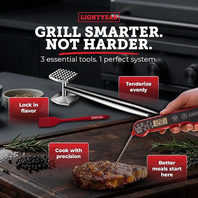 Lightyear Grillmaster Starter Pack | 3-Piece BBQ Bundle with Meat Hammer, Instant-Read Meat Thermometer & Silicone Basting Brush — Stainless Steel Grilling Gift Set