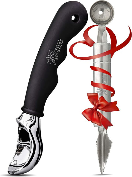 Ice Cream Scoop - Comfortable Silicone Non-Slip Black Grip - Dishwasher Safe Ice Cream Scooper Antifreeze - With Bonus stainless steel Melon Baller/Carving Knife Tool By Jo Chef (Black 2020)