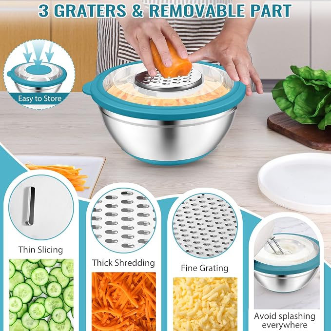 P&P CHEF 4-In-1 Stainless Steel Colander with Bowl Set, Rotatable Strainers for Kitchen, Fruit Cleaner, Washing Fruit & Draining Pasta, Mixing Bowl and Lid with Grater for Salad, Blue