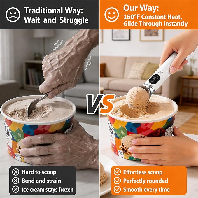 Heated Ice Cream Scoop Rechargeable, Electric Ice Cream Scooper with 4 Temp Modes & LED Display, Heats up to 160°F for Rock-Hard Ice Cream, IPX7 Waterproof Kitchen Gadget for Seniors & Kids (White)