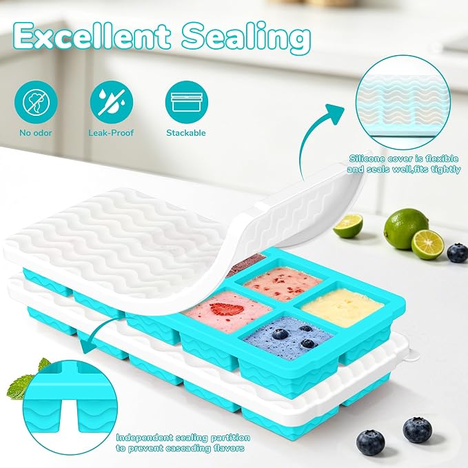 Doasuwish Ice Cube Trays for Freezer with Lids, 2-Tbsp 10-Cube Square Ice Trays, Dishwasher Safe, Covered Ice Molds for Iced Coffee & Cocktails, Freeze 30mL/15mL Portions -2 Pack